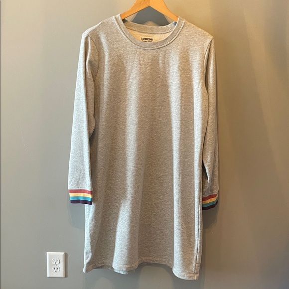 Lands End Gray Sweatshirt Dress with colorful striped Cuffs Size XL - Picture 3 of 8